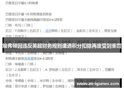 埃弗顿因违反英超财务规则遭遇积分扣除再度受到重罚 埃弗顿因违反英超财务规则遭遇积分扣除再度受到重罚